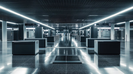 Black and gray X-ray machines lined up at an airport security checkpoint with polished floors and overhead lightsの素材