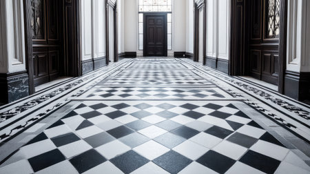Black and white mosaic floor tiles in a historical building with ornate architectural detailsの素材