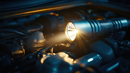 Close-up of a powerful LED flashlight shining light into a dark car engine compartmentの素材