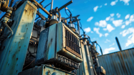 Close-up of power transformers and insulators in a high-voltage substation, with blue sky in the backgroundの素材