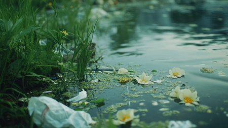 Close-up of thick green algae bloom on the surface of polluted lake water with garbageの素材