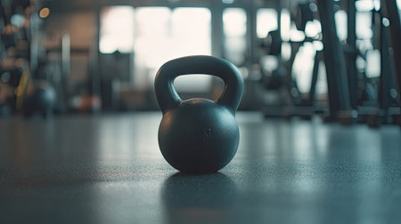 Close-up of a black kettlebell resting on the floor with blurred gym equipment in the backgroundの素材