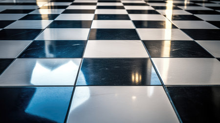 Close-up of glossy black and white floor tiles arranged in a geometric pattern with reflectionsの素材