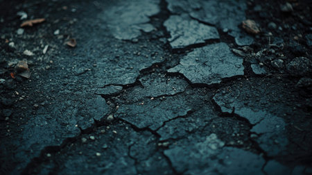Close-up of a cracked asphalt road surface with scattered gravel and dirt filling the gapsの素材