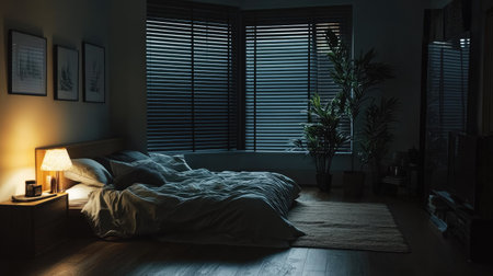 Cozy bedroom interior with blackout blinds fully closed, creating a dark and restful atmosphereの素材