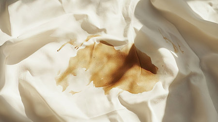 Coffee stain soaked into a white cloth napkin, with natural folds and soft shadowsの素材