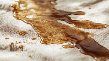 Close-up of a coffee spill soaked into a light linen cloth, creating irregular brown patternsの素材