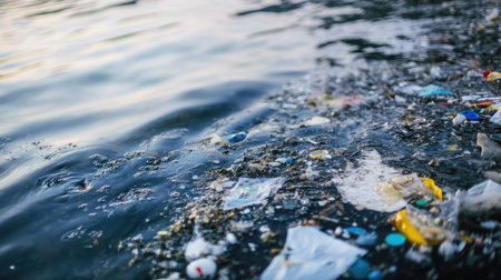 Close-up of dirty lake water with microplastics and chemical stains visible on the surfaceの素材
