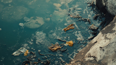 Close-up of floating garbage and chemical residue in dirty lake water with muted colorsの素材