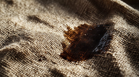Close-up of a worn cloth with a large, dark coffee stain, highlighting fabric texture and irregular edges of the spillの素材