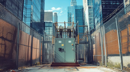 Compact transformer substation in an urban setting, fenced and integrated within a city infrastructureの素材