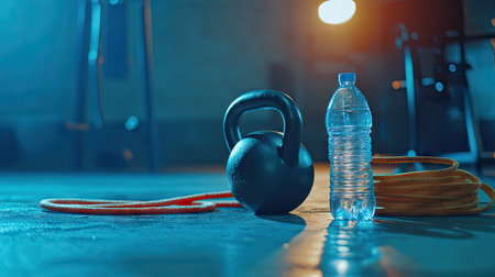 Close-up of kettlebell resting near a jump rope and water bottle in a gym setupの素材
