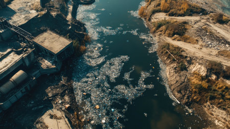 Contaminated lake water flowing into a river, carrying plastic bottles and industrial pollutantsの素材