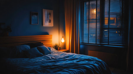 Cozy bedroom interior with blackout blinds fully closed, creating a dark and restful atmosphereの素材