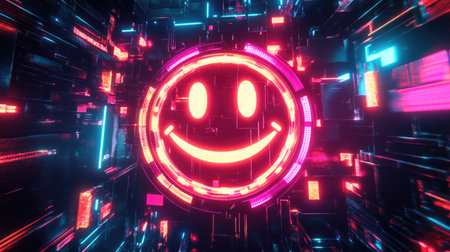 Digital smiley face graphic surrounded by glowing neon lights on a dark futuristic backgroundの素材