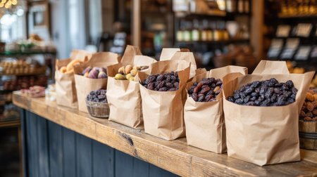 Grocery-style display with paper bags filled with prunes, figs, and raisins on a wooden counterの素材