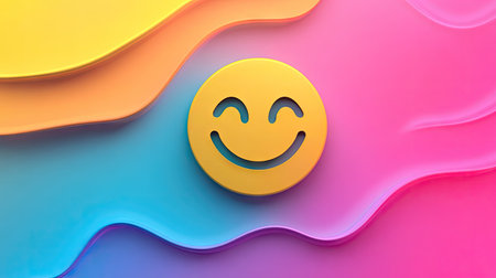 Smiley face icon surrounded by colorful abstract waves on a smooth gradient backgroundの素材