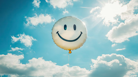 Smiley face balloon floating against a clear sky with fluffy clouds and sunlight streaming throughの素材
