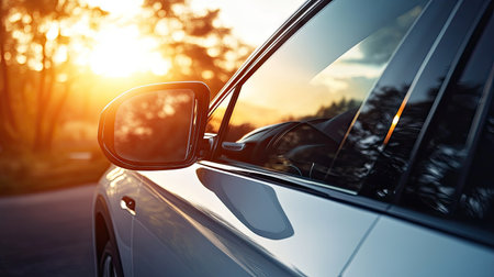 Scenic sunrise in the rearview mirror framed by a modern vehicle's sleek side mirrorの素材