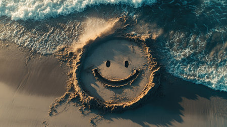 Smiley face drawn in sand with waves gently washing up on the shore in the backgroundの素材