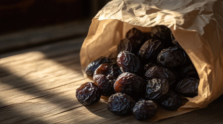 Crinkled paper bag tipped over with prunes spilling out and catching the sunlightの素材