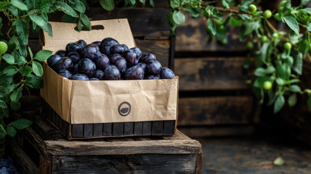 Prunes in a labeled paper bag placed on a wooden crate with garden herbs for natural contrastの素材