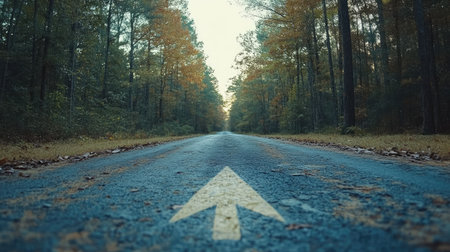 Straight country road with a bold directional arrow painted on the surface pointing towards the horizonの素材