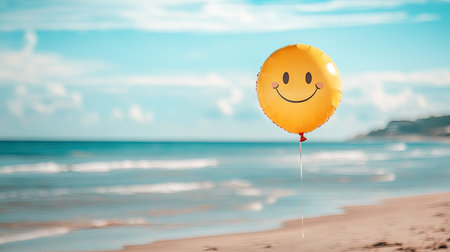 Smiley face balloon tied to a string floating over a blurred beach and ocean backgroundの素材