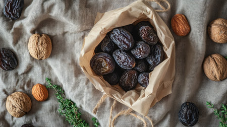 Top-down view of a paper bag of prunes on a textured fabric cloth with nuts and herbs aroundの素材
