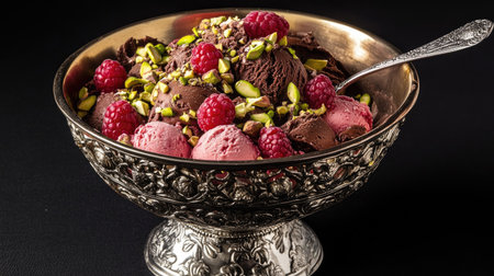 Rich chocolate, pistachio, and raspberry scoops in a decorative bowl, silver spoon resting on the rimの素材