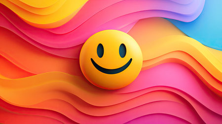 Smiley face icon surrounded by colorful abstract waves on a smooth gradient backgroundの素材