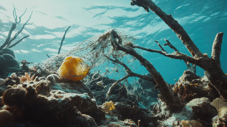 Coral reef in distress with plastic fishing net remnants caught between reef branchesの素材