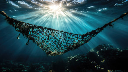 Sunlight piercing through water, revealing abandoned fishing net stuck in coral reefの素材