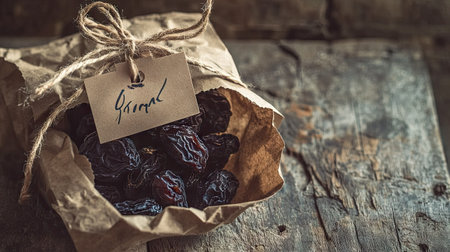 Organic dried prunes in a paper bag with a handwritten label and twine bow on a rustic tableの素材