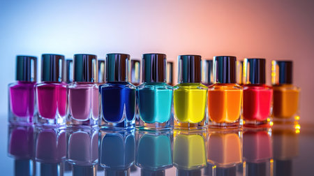 Vibrant group of colorful nail polish bottles arranged neatly on a glossy white surface with bright lightingの素材