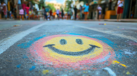 Smiley face drawn with colorful chalk on a pavement with lively street backgroundの素材