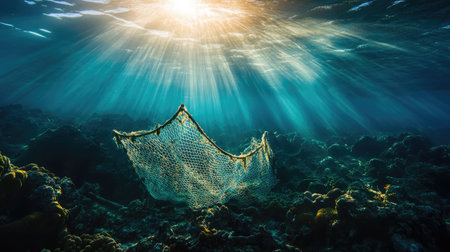 Sunlight piercing through water, revealing abandoned fishing net stuck in coral reefの素材