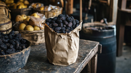 Street market vibe with paper bag of prunes on a vendor's table with other dried goodsの素材