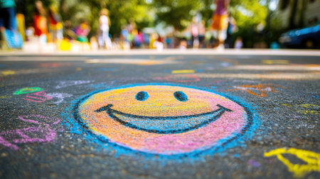 Smiley face drawn with colorful chalk on a pavement with lively street backgroundの素材