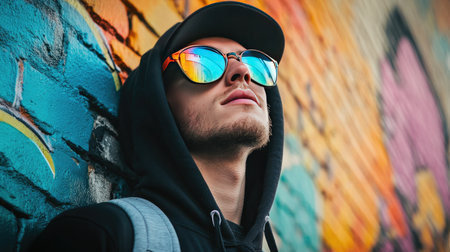Young man wearing reflective sunglasses and a hoodie standing against an urban graffiti wallの素材