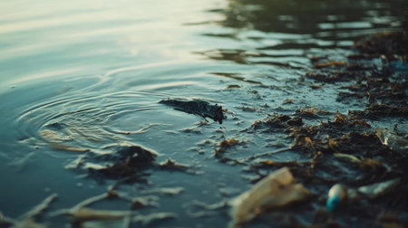 Close-up of dirty lake water with microplastics and chemical stains visible on the surfaceの素材