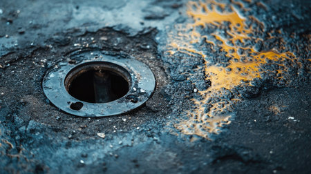 Close-up of a punctured tire valve causing air leakage on a roadside settingの素材
