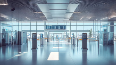 Clean airport terminal with visible checkpoint zone, scanners, and surveillance cameras above the areaの素材
