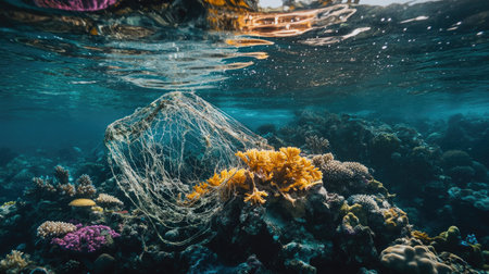 Underwater image of coral reef suffocated by ghost fishing gear left behindの素材