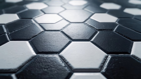 Close-up of matte black and white hexagonal floor tiles with subtle texture and grout detailの素材