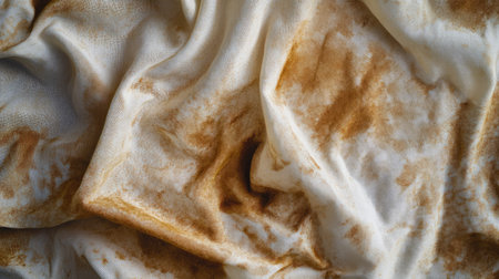 Coffee-stained fabric close-up, with uneven spread and saturated colors on cotton materialの素材