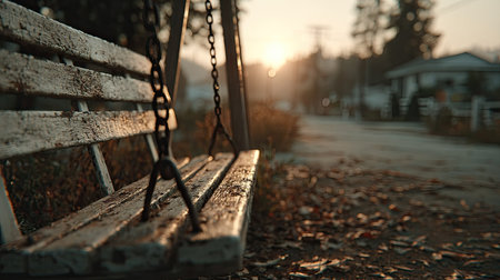 Chain swing blowing gently in the breeze, seat slightly tilted on a quiet playground morningの素材