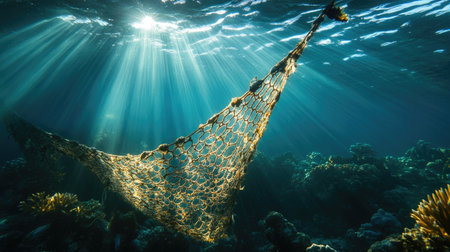 Sunlight piercing through water, revealing abandoned fishing net stuck in coral reefの素材