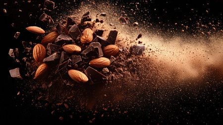Swirl of cocoa powder in mid-air with chocolate and almonds creating a gourmet explosion effectの素材