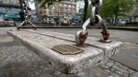 Chain swing seat gently tilted, suggesting recent use, on a clean urban playground surfaceの素材